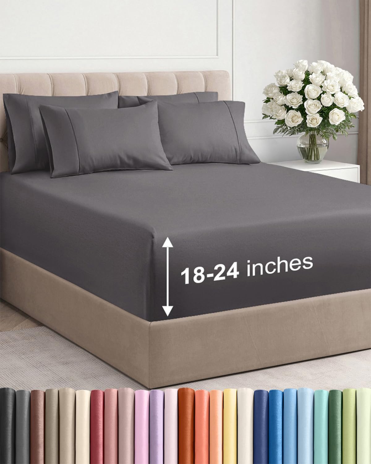 Skiennix Extra Deep King Sheet Set - 6-Piece Breathable Cooling Bedding - Soft, Wrinkle-Free Grey