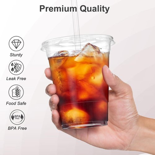 Dealusy 16 oz Clear Plastic Cups - 100 Pack with Lids & Straws | Sturdy, Food Safe Iced Coffee & Smoothie Cups