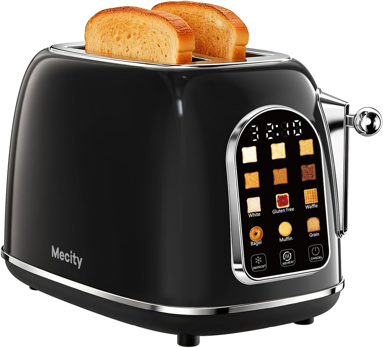 Mecity 2-Slice Toaster - Touch Screen Retro Design for Bagels & Muffins | Jet Black, 120V 825W