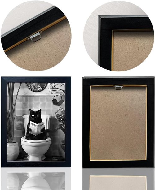 Funny Black Cat Bathroom Wall Art - Humorous Framed Canvas Print | Black and White Decor