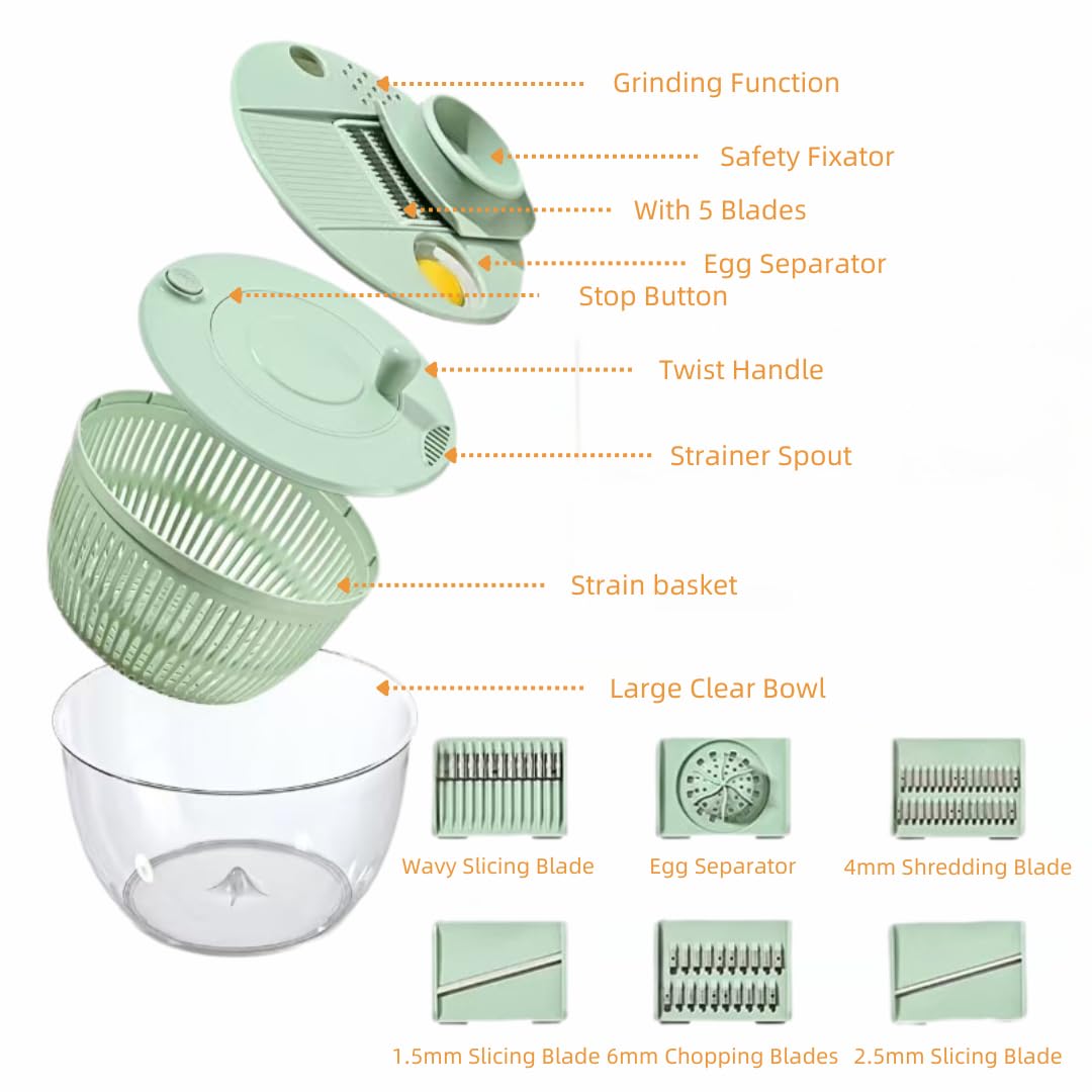 Multi-Use Large Salad Spinner,Mandoline Vegetable Fruits Wash Bowl with 5 Blade Slicer with Dicer,Pasta Fries Spin Dryer,Egg Yolk66