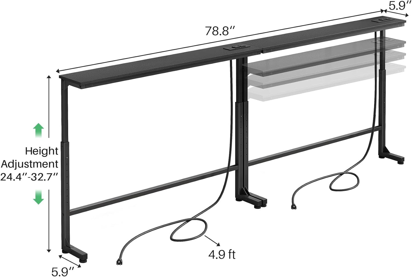 Kitstorack Console Table - 2-Pack Black Narrow Sofa Table with Adjustable Height & Power Outlets | 5.9" Deep x 79" Long