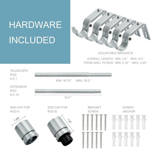 Byondeth Adjustable Curtain Rods - 16 to 240 Inches | 1 Inch Diameter with Aluminum End Cap, Silver Gray