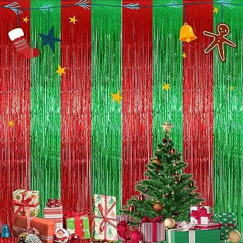 2 Pack 3.2ft x 9.8ft Christmas Metallic Foil Fringe Curtain, Red Green Tinsel Curtains Streamer Large Party Photo Booth Props Backdrops for Happy New Year Birthday Wall Door Indoor Outdoor Decorations