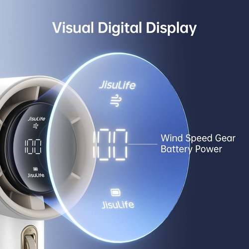 JISULIFE Portable Handheld Fan - Adjustable Speed Turbo Mini with 3600mAh Battery | Rechargeable, Digital Display, Perfect for Travel & Outdoor Use - White