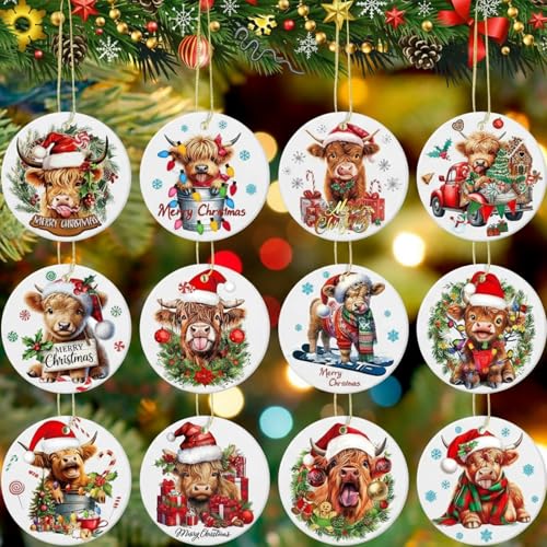 Vesici Highland Cow Ceramic Christmas Ornaments - 12pk with Hanging Ribbons