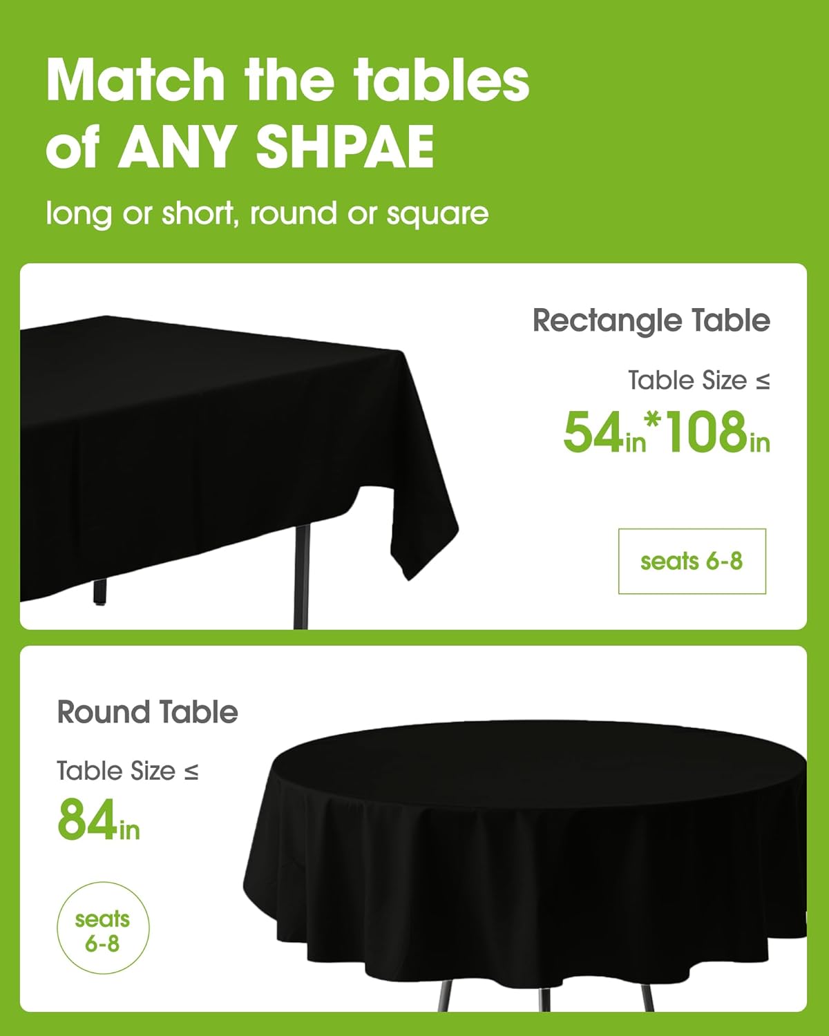 Pureegg Disposable Plastic Table Cloths - 84'' Round, Leakproof & Sturdy | Graduation Party Decor, Black, 8 Pack