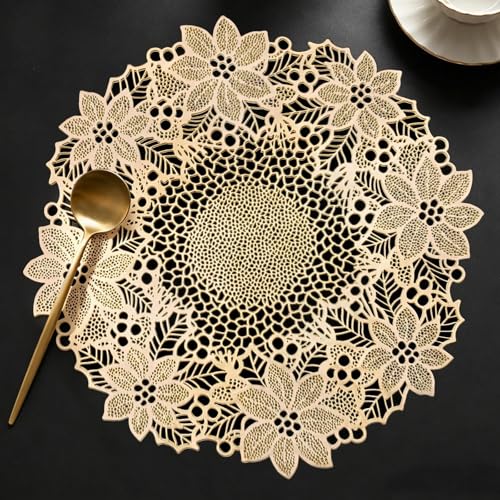 Quantum Love Gold Wreath Round Placemats Set of 6, 15in (38cm) – PVC, Stain-Resistant