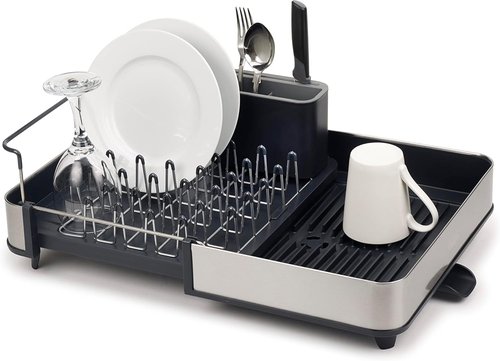 Joseph Joseph Dish Drying Rack - Extendable Stainless Steel with Movable Utensil Drainer & Drainage Spout, Gray