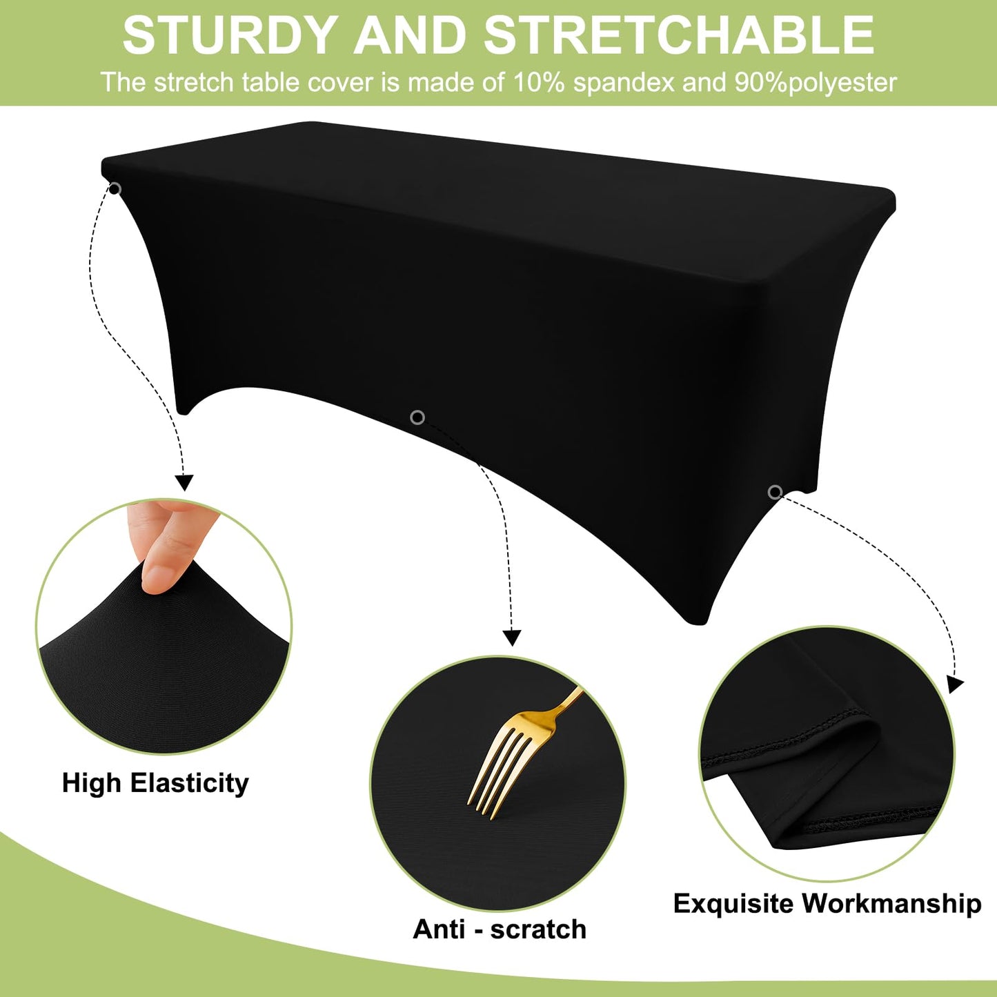 Moosfor Spandex Elastic Fitted 6FT Rectangle Tablecloth, Stretch Washable Reusable Table Cover for Outdoor Picnic, Camping, Dining, Wedding, Banquet & Party Events (Black, 72Lx30Wx30H Inch)