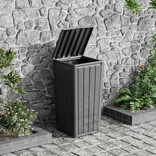 Outdoor Trash Can with Lid - 30 Gallon Waterproof Resin Waste Bin for Patio Garden Garage - Black