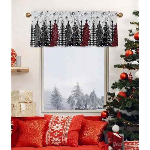 Christmas Valances for Windows Red Black Xmas Tree Snow Rod Pocket Cafe Window Treatments Valance Curtains for Kitchen Bathroom Bedromm Laundry Basement Windows 42" x 12"