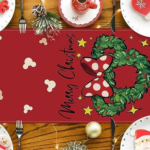 Seliem Merry Christmas Wreath Table Runner, Xmas Red Polka Dot Bow Stars Kitchen Dining Table Decor, Winter Holiday Farmhouse Home Decoration Indoor Outdoor Party Supply 13 x 72 Inches