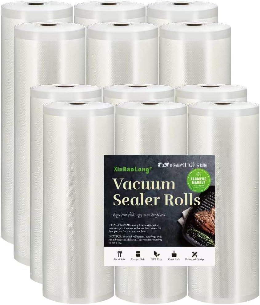 Skiennix Vacuum Sealer Bags - 12 Pack Commercial Grade BPA-Free Food Storage Rolls | 6 Rolls 11"x20' & 6 Rolls 8"x20'