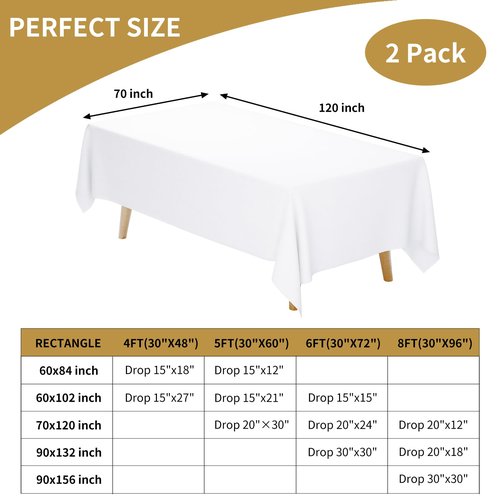 Fixwal White Tablecloth Rectangle 70 x 120 Inch, 2 Pack 6-8ft Polyester Fabric Table Cloths Rectangular Table Covers for Party, Banquet, Dining, Birthday, Wedding