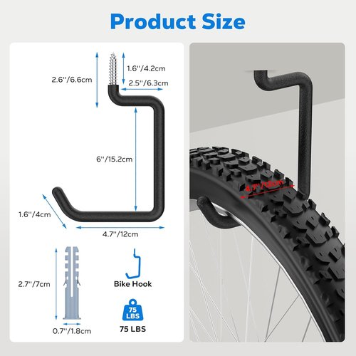Housolution Heavy-Duty Bike Hooks - 8-Inch Wall & Ceiling Mount | 75 LBS Capacity, Anti-Slip Coating, 4-Pack