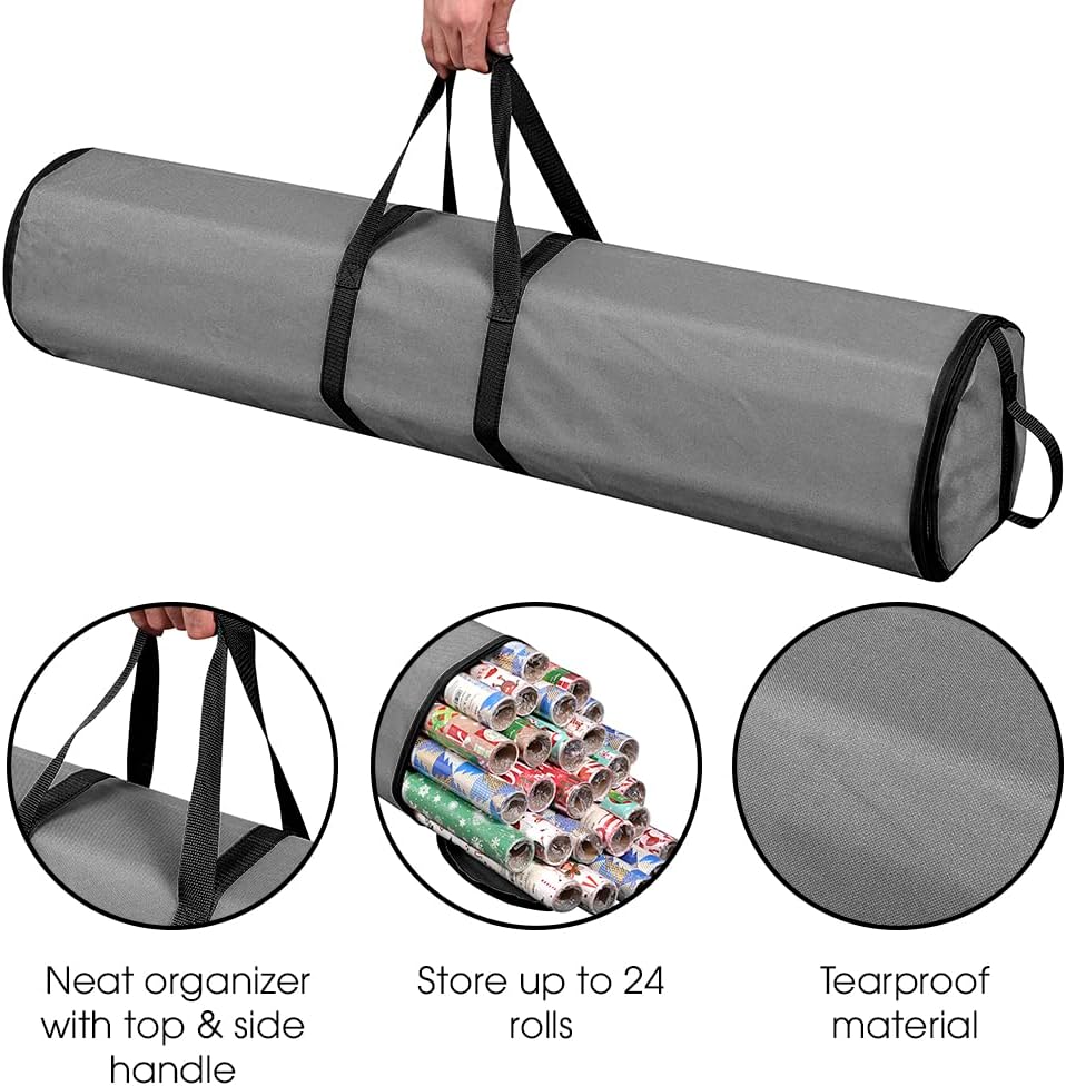 ProPik Wrapping Paper Storage Bag - Heavy-Duty Gift Wrap Organizer | Holds 48 Rolls, 40" Long | Gray