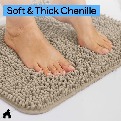 GORILLA GRIP Bath Rug Mat - Thick Absorbent Chenille | Quick-Dry Microfiber, 54x24, Gray Beige