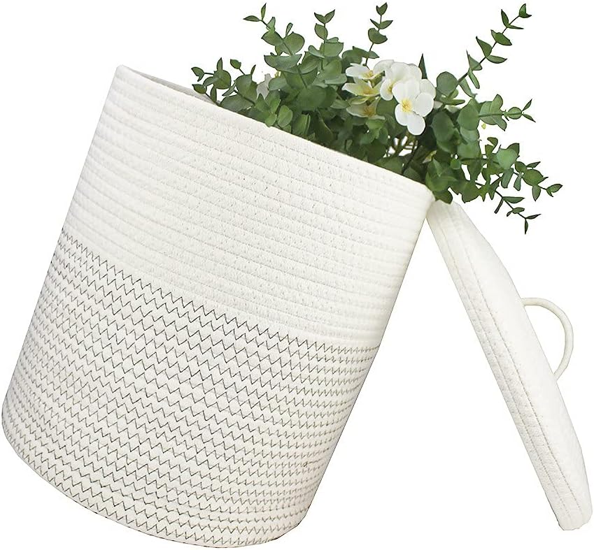 Yimi's Dream Woven Basket - Decorative Rope Storage Solution with Lid | Medium Size for Kids, Toys & Blankets (White & Black, 12D x 13.5H Inch)