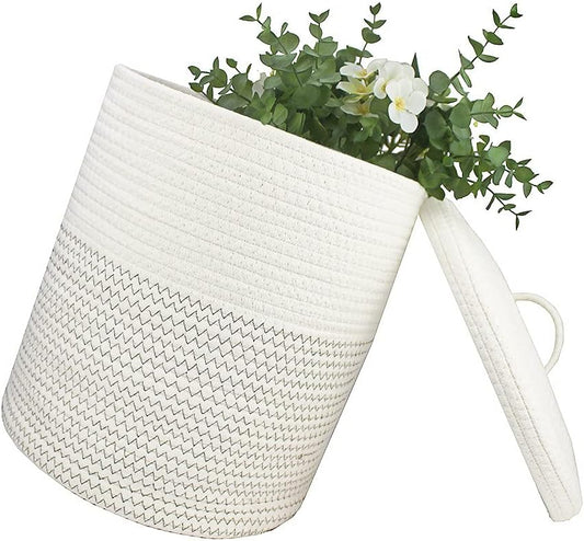 Yimi's Dream Woven Basket - Decorative Rope Storage Solution with Lid | Medium Size for Kids, Toys & Blankets (White & Black, 12D x 13.5H Inch)