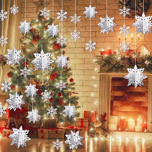 30pcs Paper Snowflakes Ornaments, 3D Silver Hanging Snowflake, Large Snowflake Garland for Christmas & New Year Party Decorations