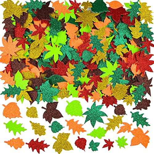 Coopay Glitter Fall Leaf Stickers - Adhesive Foam Maple Leaves for Christmas, Thanksgiving, Halloween - Assorted Autumn Shapes for Art Craft and Party Decoration