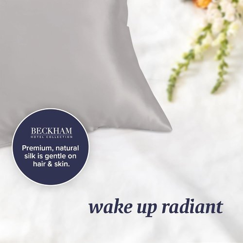 Beckham Hotel Collection Silk Pillowcase - 100% Mulberry Silk for Hair & Skin | Oeko-TEX Certified, Queen, Silver Cloud