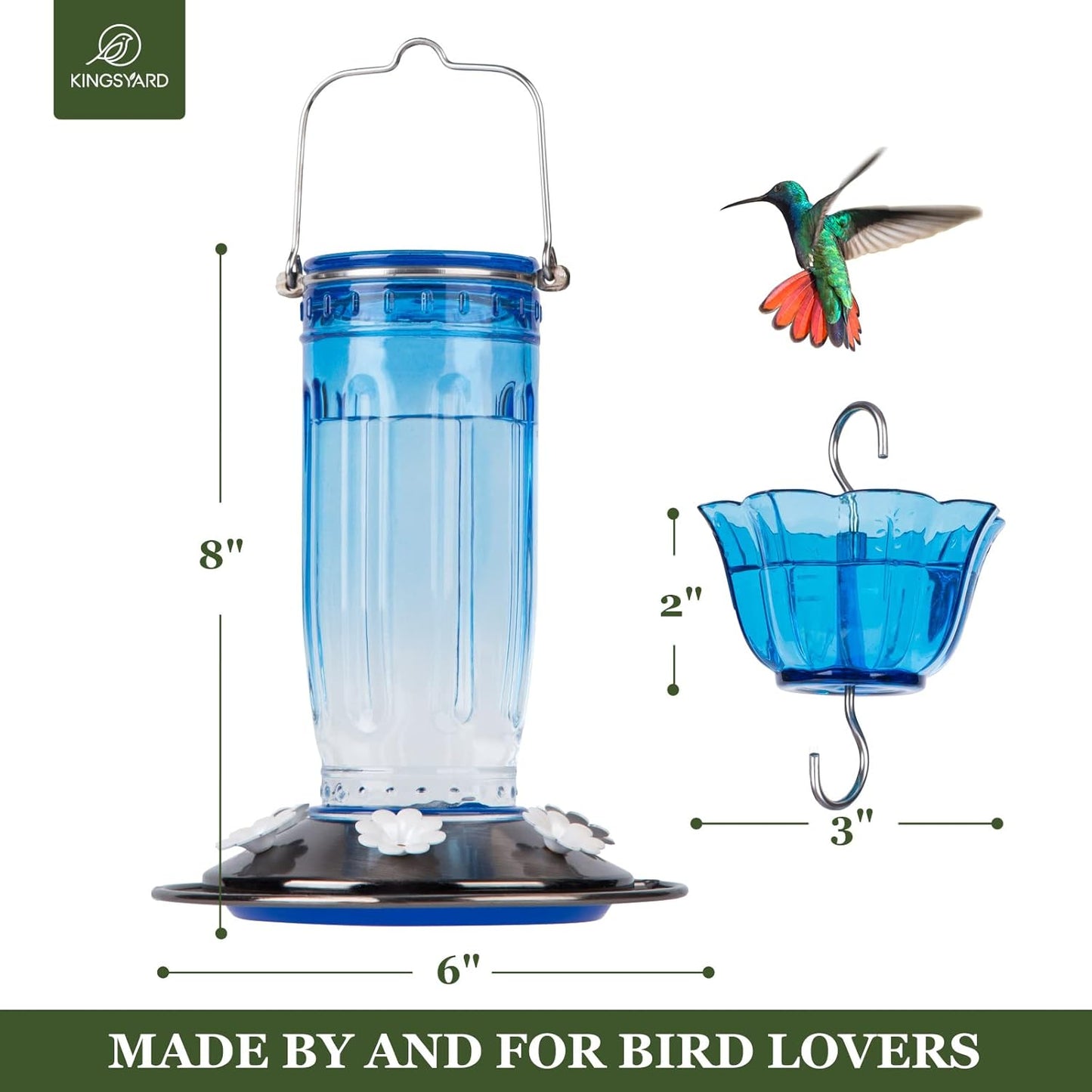 Kingsyard Glass Hummingbird Feeder - 6 Feeding Ports for Outdoor Gardens | Blue with Ant Moat Included