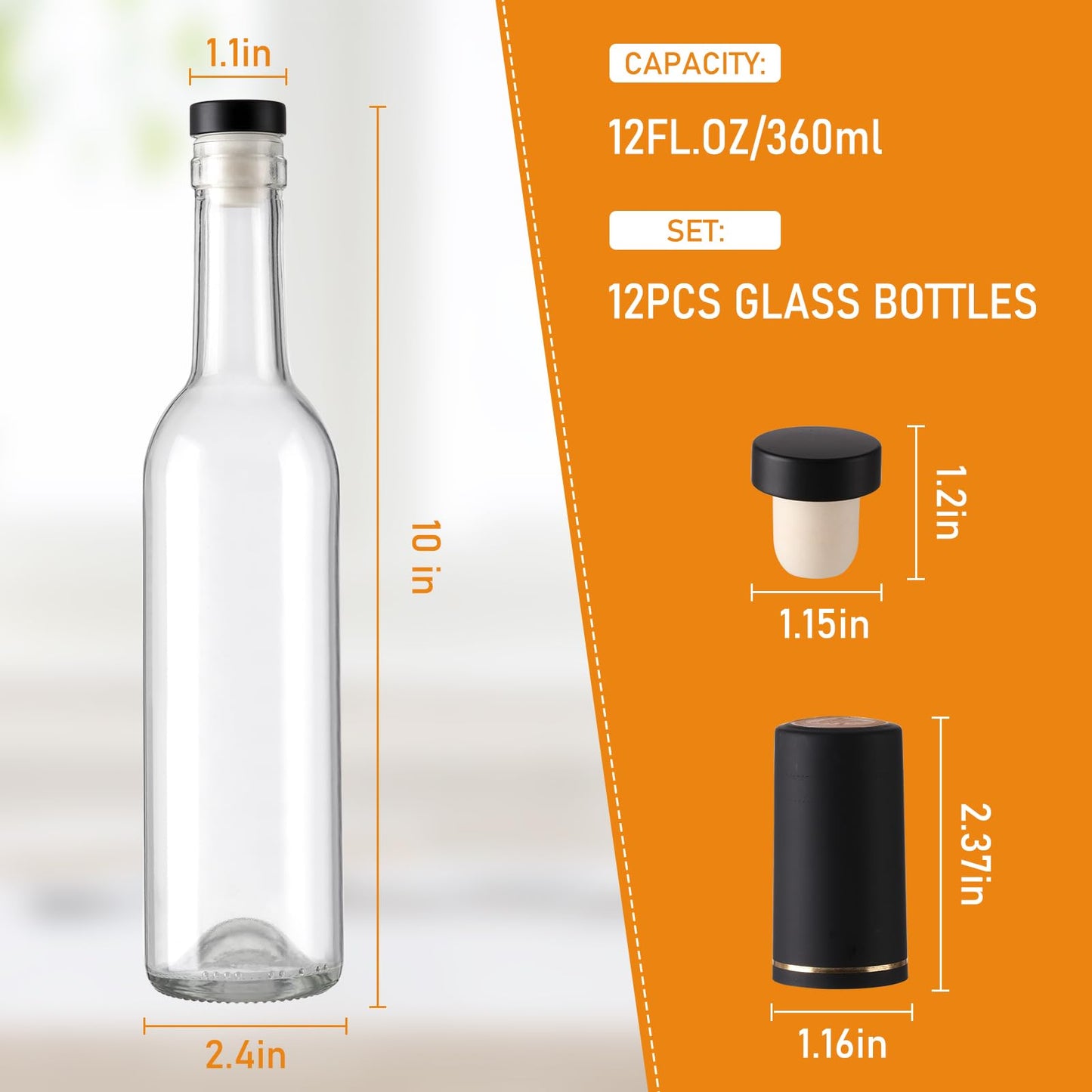 AuroTrends 12 oz Wine Bottles 12Pack with Cork Lids & Shrink Capsules - Durable 375ml Glass Bottles with Lids for Home Brewing, Sparkling Beverages, Fermentation, and Crafting