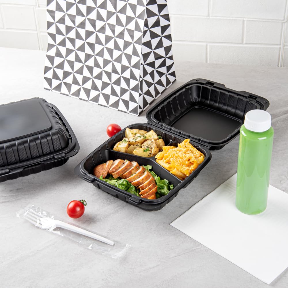 Restaurantware Thermo Tek 8 x 8 x 3 Inch Mineral-Filled Take Out Containers 100 Durable To Go Containers - Heavy-Duty Disposable Black Plastic Clamshell Containers Suitable For Hot & Cold Foods