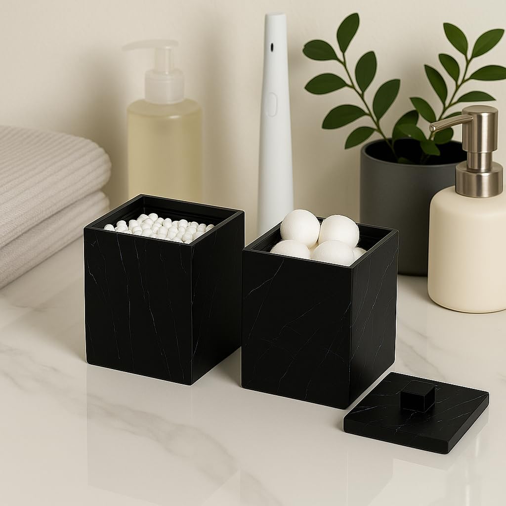 Jung Ford Cotton Swab Holders - 2-Pack Marble Pattern Resin Storage Jars for Bathroom | Black