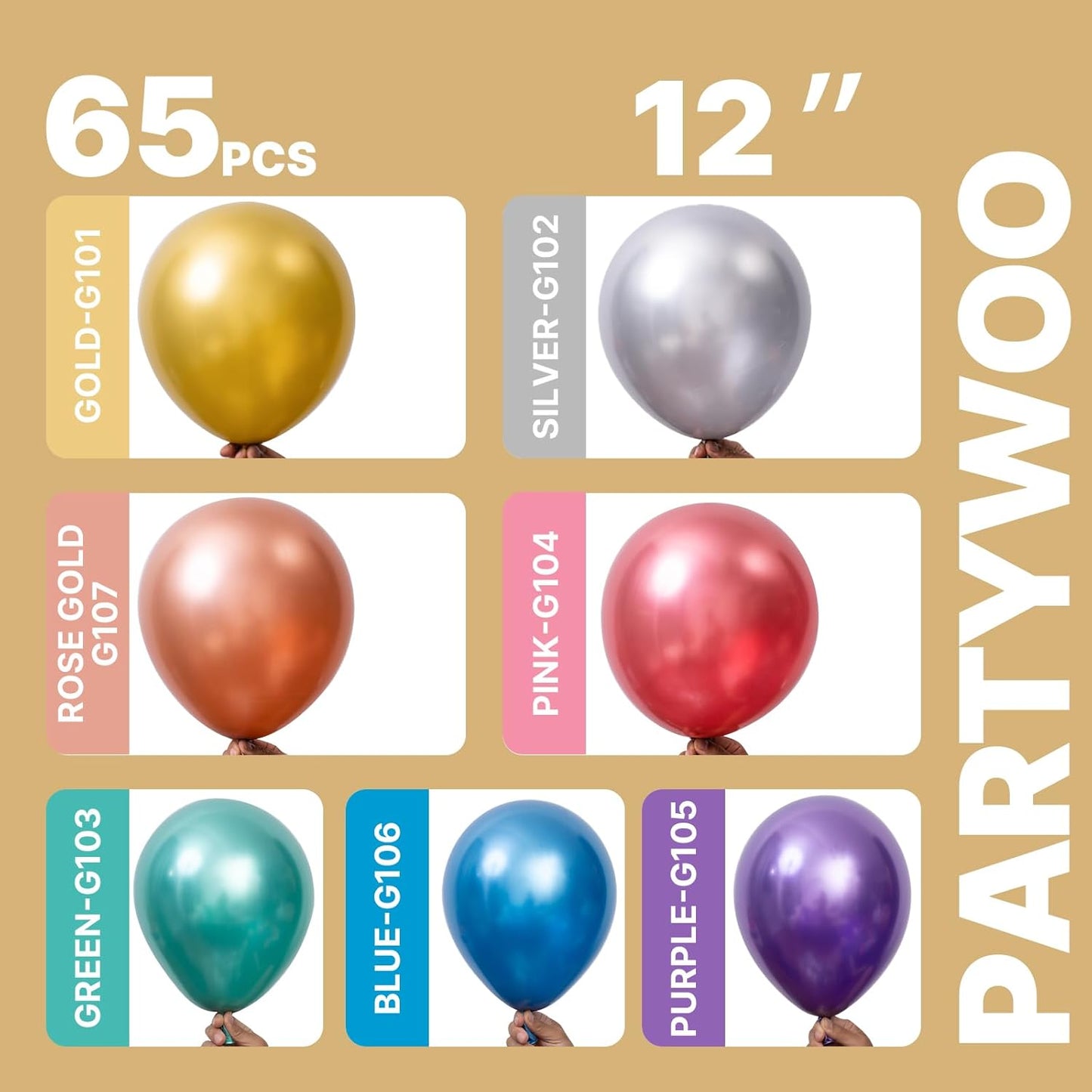 PartyWoo Metallic Balloons - 65pcs 12-Inch Latex Balloons in Blue, Silver, Gold, Pink & More for Celebrations