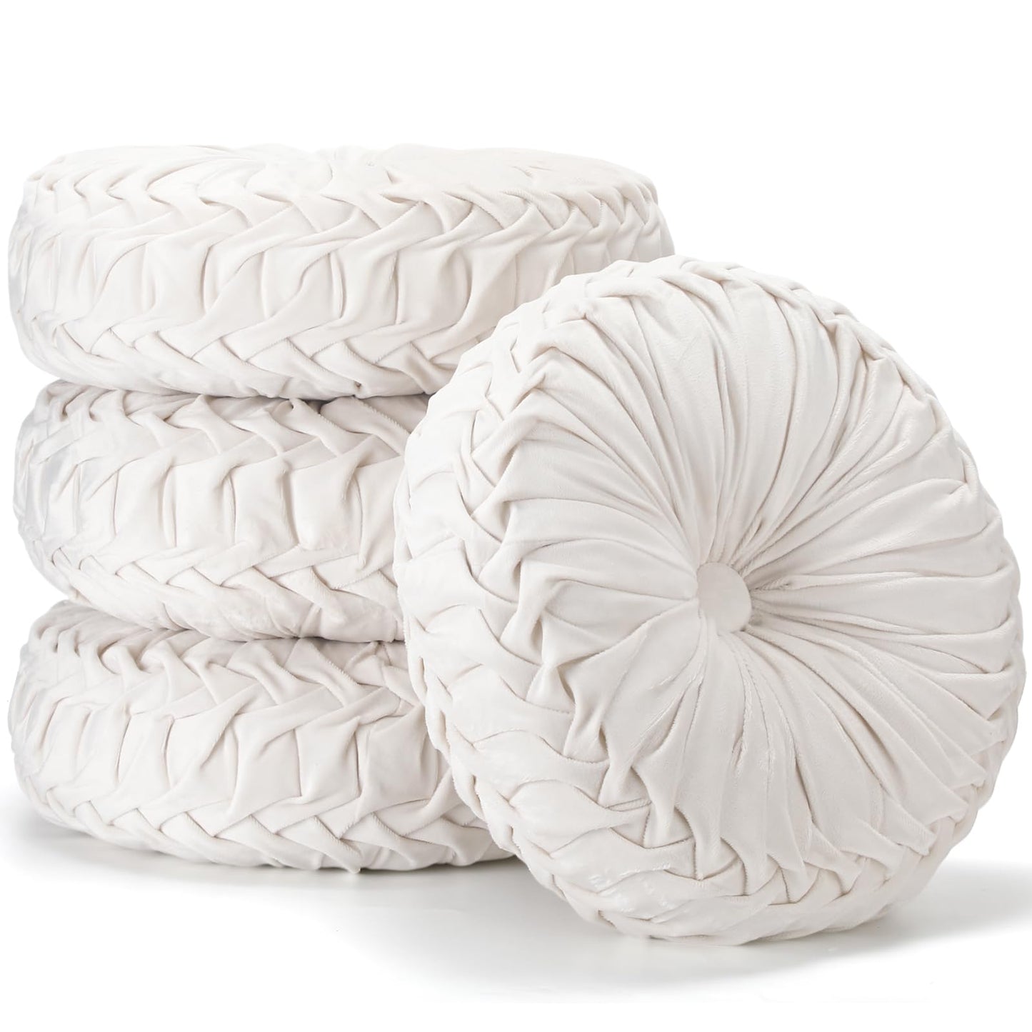 Beeveer 4 Pcs Round Throw Pillows 15 Inch Decorative Velvet Pleated Pumpkin Pillows Boho Floor Pillow with Center Button for Living Room Couch Chair Bed Sofa Home Decoration (Ivory)