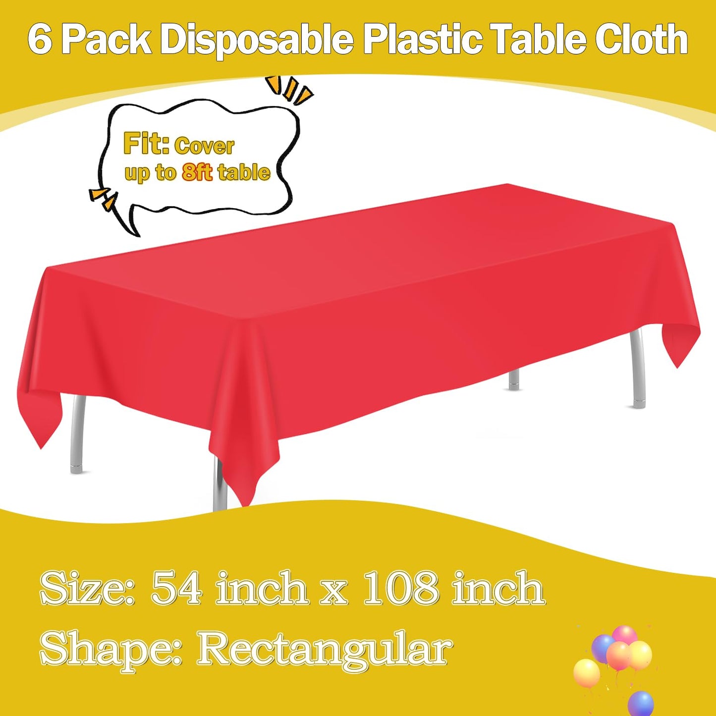 tujol Red 6 Pack Plastic Table Cloth 54" x 108", Disposable Tablecloths Rectangle Table Cover, Plastic Tablecloths for Parties