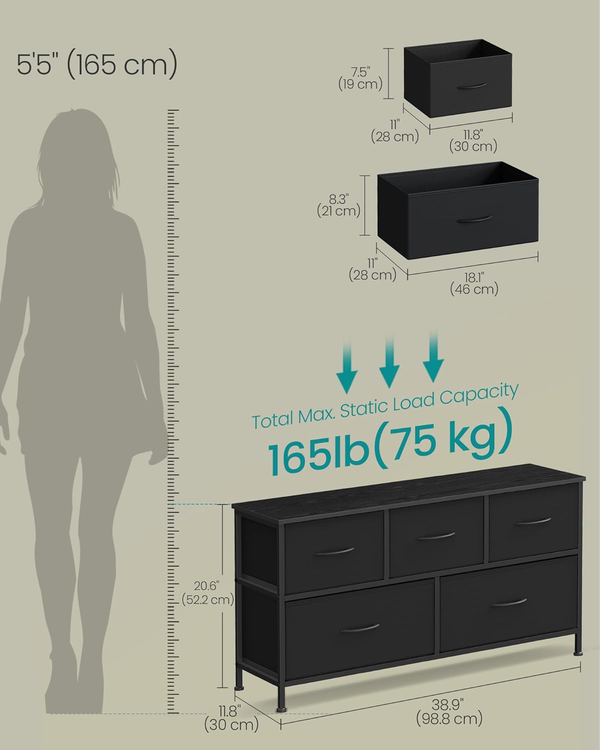 SONGMICS Dresser - 5-Drawer Storage Organizer Unit in Ink Black & Ebony Black | Steel & MDF Construction