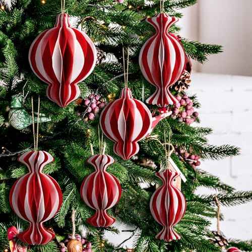 6 Pcs Christmas Ornaments Candy Paper Honeycomb Ornaments 3D Red White Hanging Decor Craft Balls for Christmas Tree Holiday Party Home Decoration