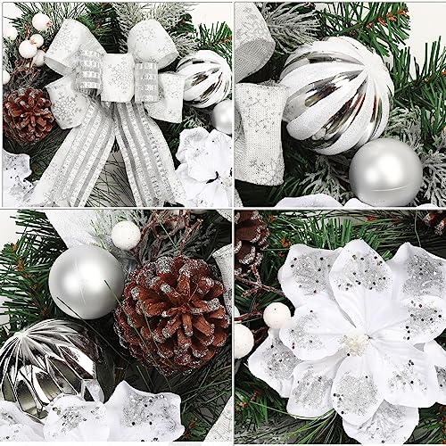 GarveeHome 24in Pre-lit Christmas Wreath with 20 LEDs – Silver White Magnolia Bow