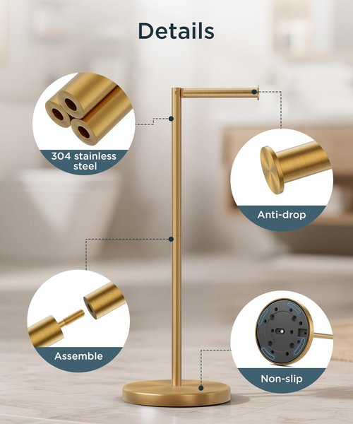FORIOUS Toilet Paper Holder - Modern Freestanding Tissue Roll Stand in Brushed Gold | Durable 304 Stainless Steel, Holds 4 Rolls