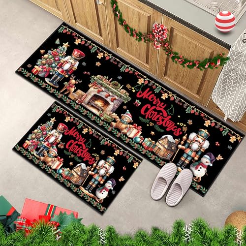 UIHGUHO 2-Piece Christmas Nutcracker Kitchen Rug Set Black 1.5x3.9 ft