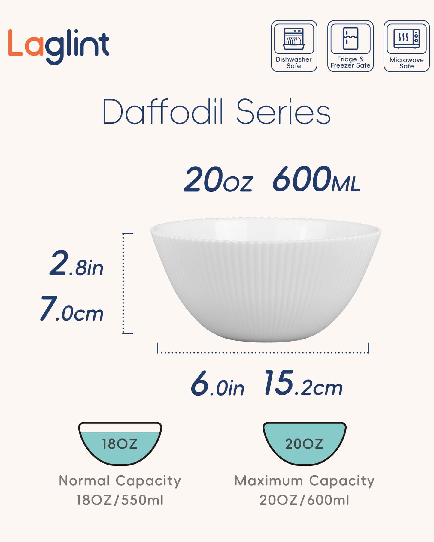 LaGlint 20 OZ Max White Opal Glass Cereal Bowl Set of 6, 6 inch Dishwasher & Microwave Safe Round Ribbed Bowls for Kitchen, Salad, Soup and Rice