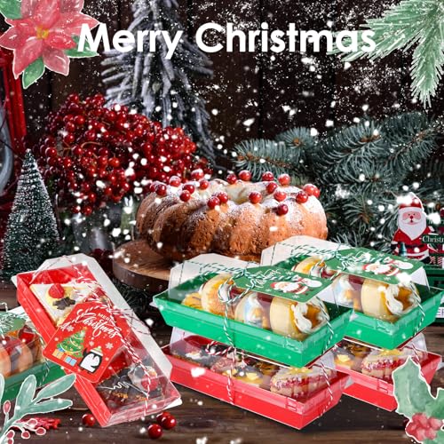 Mooliwe 50 Pcs Christmas Charcuterie Boxes with Ropes & Cards, 7.5" Clear-Lid Dessert Boxes, Red & Green Set for Xmas Party Favors (Variation: 50)