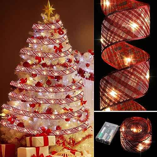 Christmas Ribbon Lights Christmas Lights 16.4 ft Glow Christmas Tree Ribbon Battery Operated Indoor String Lights for Outdoor Xmas Holiday Party Wedding Garland Lighted Decoration (Red Stripe)