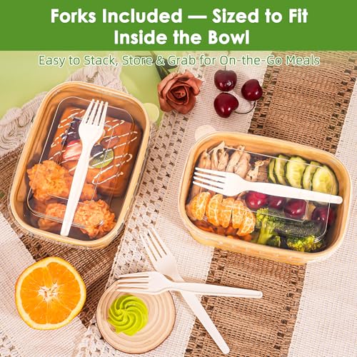Brown 30oz Disposable Kraft Paper Food Containers with Lids & Forks - Takeout & Meal Prep