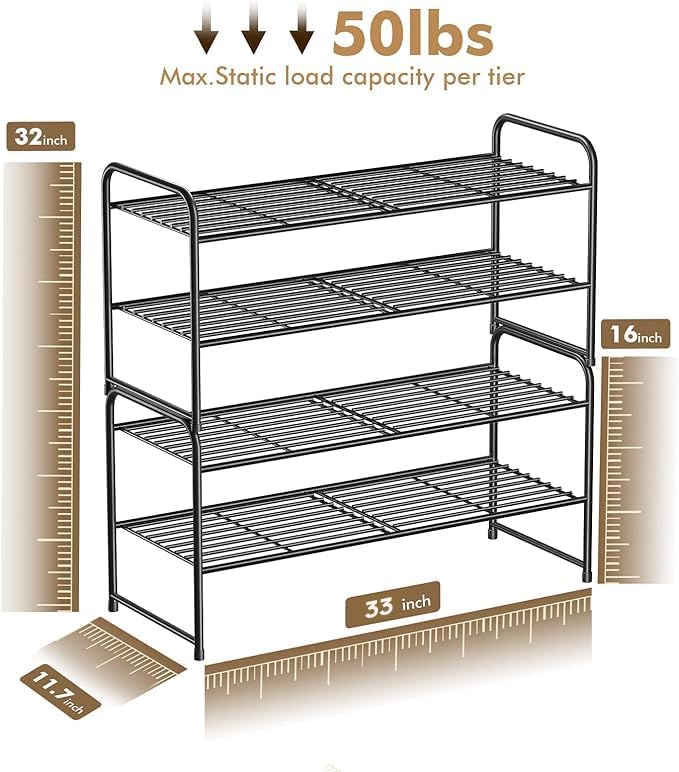 SUFAUY Shoe Rack - 2-Tier Heavy Duty Metal Organizer | 33" Wide, Stackable, Black Finish