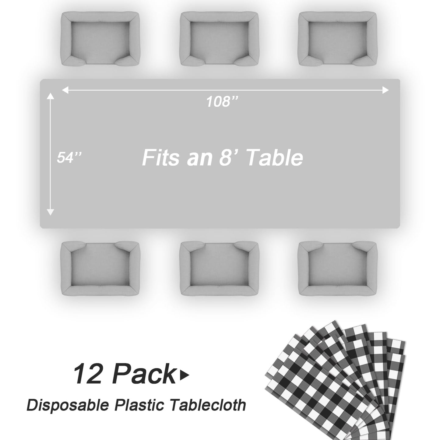 QIKSION Black Gingham Tablecloth Disposable 12 Pack, 54 x 108 Inch Black and White Checkered Table Cloth for Picnic, Outdoor BBQ Decorations, Birthday Party Supplies, Rectangle, Plastic Table Cover