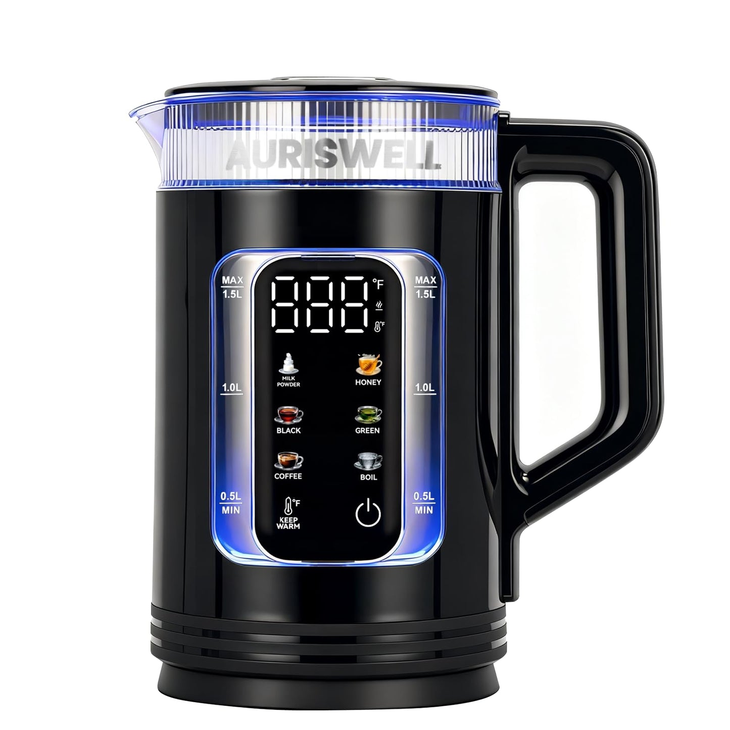 Auriswell Electric Tea Kettle with Temperature Control, Glass smart Water Boiler for Tea, Coffee & Boil, Automatic Shut Off, 12h Keep Warm & One-Touch 6 Presets