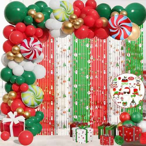 MEHOFOND 164pcs Merry Christmas Party Decorations Set, Christmas Foil Fringe Curtains, Red Green Gold Balloons Arch Garland Favors for Kids Adults Friends Ugly Sweater Party Props for Photo Supplies
