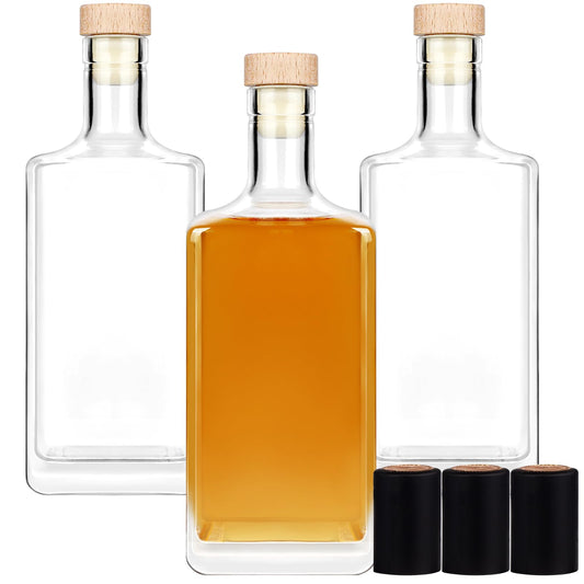 Liengoron 3Pack 16 oz Glass Bottles with Lid 500 ml Clear Empty Glass Bottles with Cork Square Glass Bottles with Heavy Base Glass Bottles with Cap for Liquor Vodka Brandy Whiskey Beer Water Soda