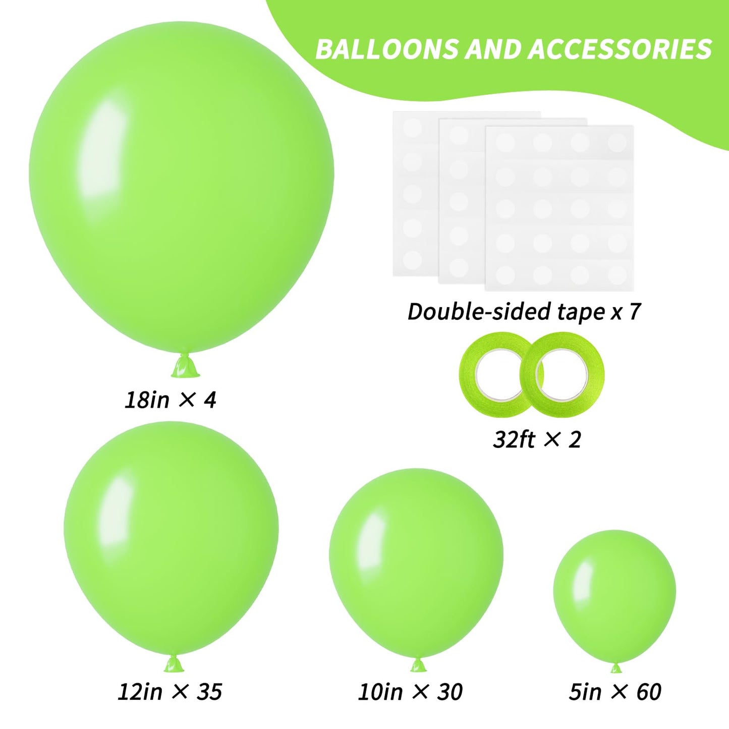 RUBFAC Lime Green Balloons 129pcs Light Fruit Neon Green Latex Balloon 18 12 10 5 Inch Garland Arch Kit for Birthday Party Dinosaur Jungle Baby Shower Decoration