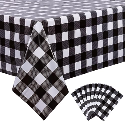 Kesfey 8 Packs Black Gingham Tablecloths 54 x 108 inch Black and White Checkered Tablecloth Black Checkered Picnic Tablecloth Disposable Plastic Plaid Table Cloth for Outdoor Buffet Halloween Party